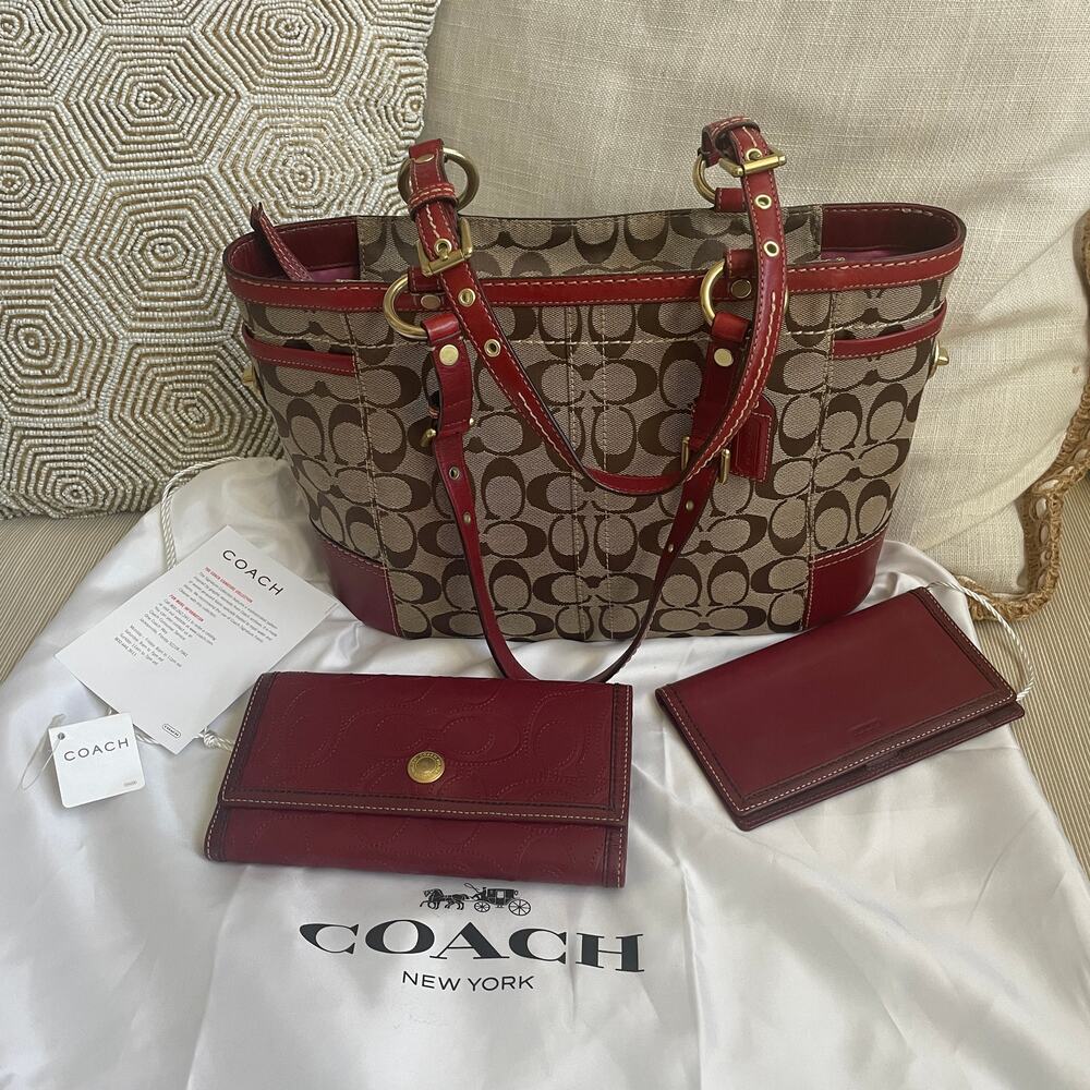 Vtg Coach Signature Tote 11353 4 Pc Set | Red Leather Trim Bag, Pink, Mint